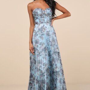Lulus Most Beautiful Day Blue Multi Floral Print Organza Maxi Dress - Size M